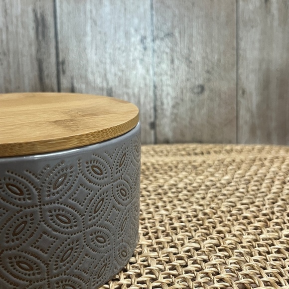 None Other - Gray Embossed Ceramic Storage Jar with Bamboo Lid | Modern Bathroom Kitchen Cani